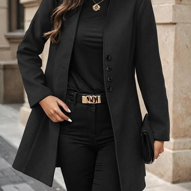 TEMU Elegant Solid Color Polyester Trench Coat, Knit Fabric Outerwear With And Stylish