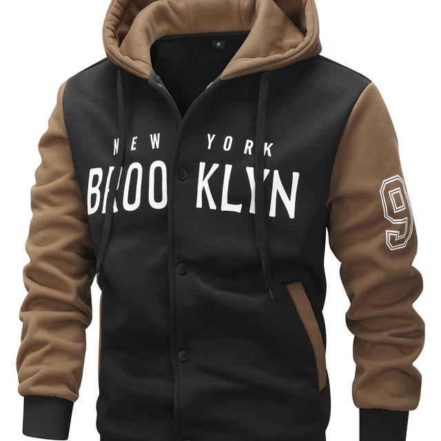 TEMU Blouson de baseball imprimé casual homme automne/hiver, tissu tricoté, coupe régulière, manches longues, motif , poche, fermeture à un bouton, vêtement et de loisir