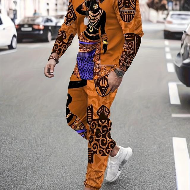 TEMU Men's 2pcs Casual Set Of African Ethnic Style Graffiti Pattern Outfits, Crew Neck Long Sleeve T-shirt And Pants, Chic And Stylish For Outdoors Wear And Vacation Resorts