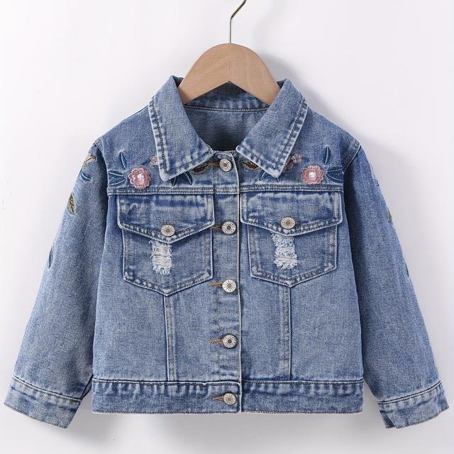 TEMU Girls' Denim Jacket With White Patches & Pink Flower Embellishment - Western Style Collar Button-front Coat, Loose Fit Spring/fall Outerwear For, & Casual Outfits (machine Washable)
