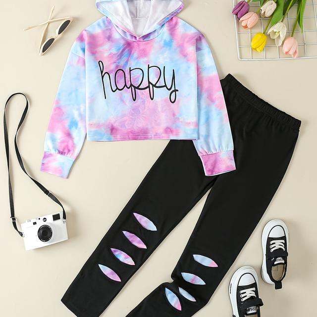 TEMU Conjunto de Moletom com Capuz Tie-Dye para Meninas, Outono/Inverno, Conjunto Casual com Estampa de Letras para Crianças, Perfeito para Atividades ao Ar Livre