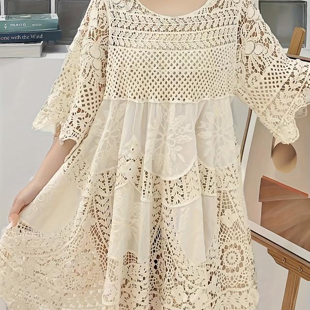 TEMU -style Fashionable Hollow-out Crochet Loose Chic Mid-length Dress