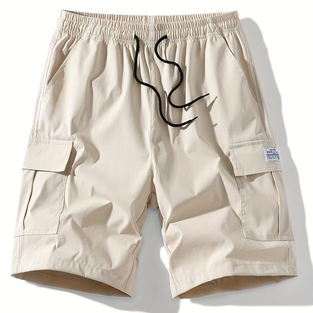 TEMU Men's Cargo Shorts - Solid Color, With Letter Patch, Flap Pocket, Multiple Pockets, Drawstring Waist, Loose Casual Shorts