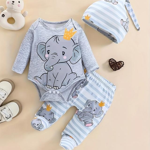 TEMU Children's Adorable Cartoon Elephant Romper With Round Neck And Long Sleeves, Printed Fashionable , Comfortable Long Pants + Hat 3pcs Set, Perfect For Outdoor