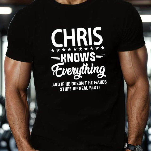 TEMU Men's Casual Short Sleeve T-shirt - " Knows Everything" Humorous Print, Crew Neck, Regular Fit, For Everyday Wear, Everyday Shirt | Humorous Graphic Tee | Shirt