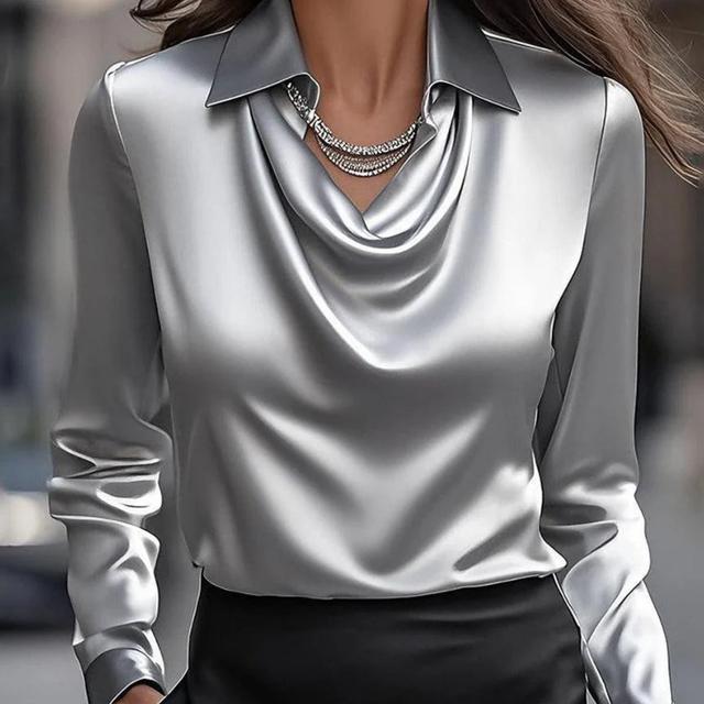 TEMU Minimalist Wing Collar Shirt Top - Elegant Long Sleeve Women's Architectural Essential