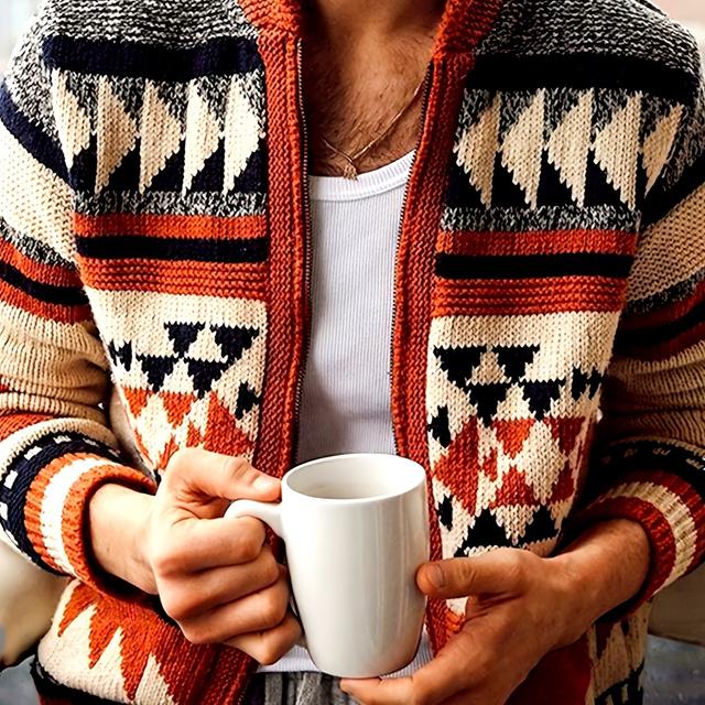 TEMU Men's Casual Sport Sweater, Zip-up Stand Collar Design With And Style, Palette Featuring Geometric Patterns In Unique Ethnic And Retro Aesthetic, Autumn And Early Winter Wear