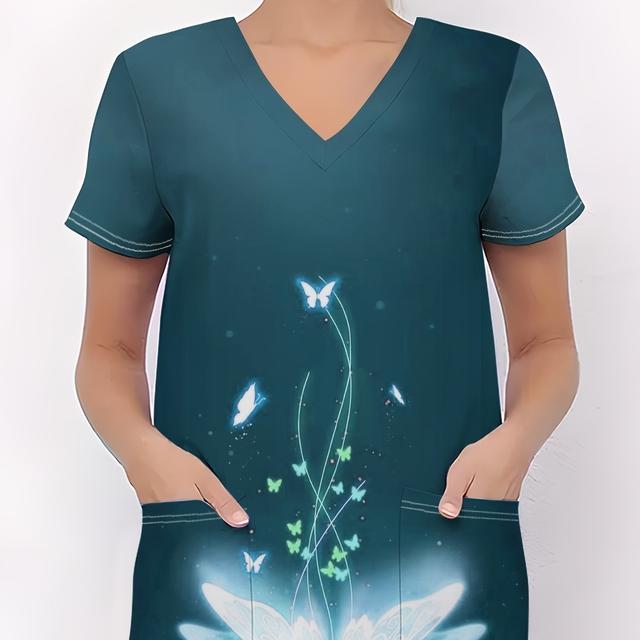 TEMU Uniforme de Enfermera para Mujer, Camiseta Cómoda con Estampado de Nocturna de Mariposas Moradas, y Elástica, Cuello en V y Bolsillos, Ropa Casual y Moderna para a Día, Regalo Perfecto