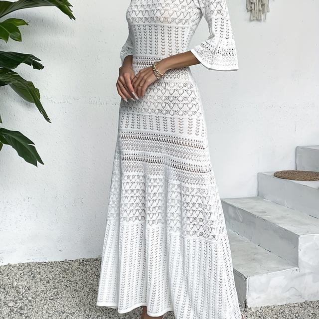 TEMU Damenv-Ausschnitt Langarmkleid - Leichtes, Atmungsaktives Sommerkleid mit Spitzenartigem Muster, Langes Fließendes Freizeit-Strandkleid für Frühling/Sommer, Strandmode, Elegante Textur