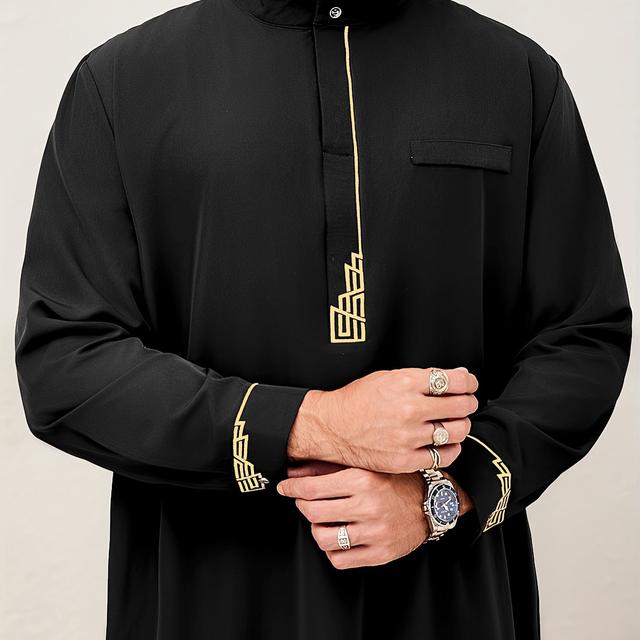 TEMU Herren-Roben für Ramadan, Eid Eid Fest: Islamischer Arabischer Stil, Burgunder Langarm-Stehkragen-Bestickte Robe, Traditionelle Nahöstliche Kulturkleidung