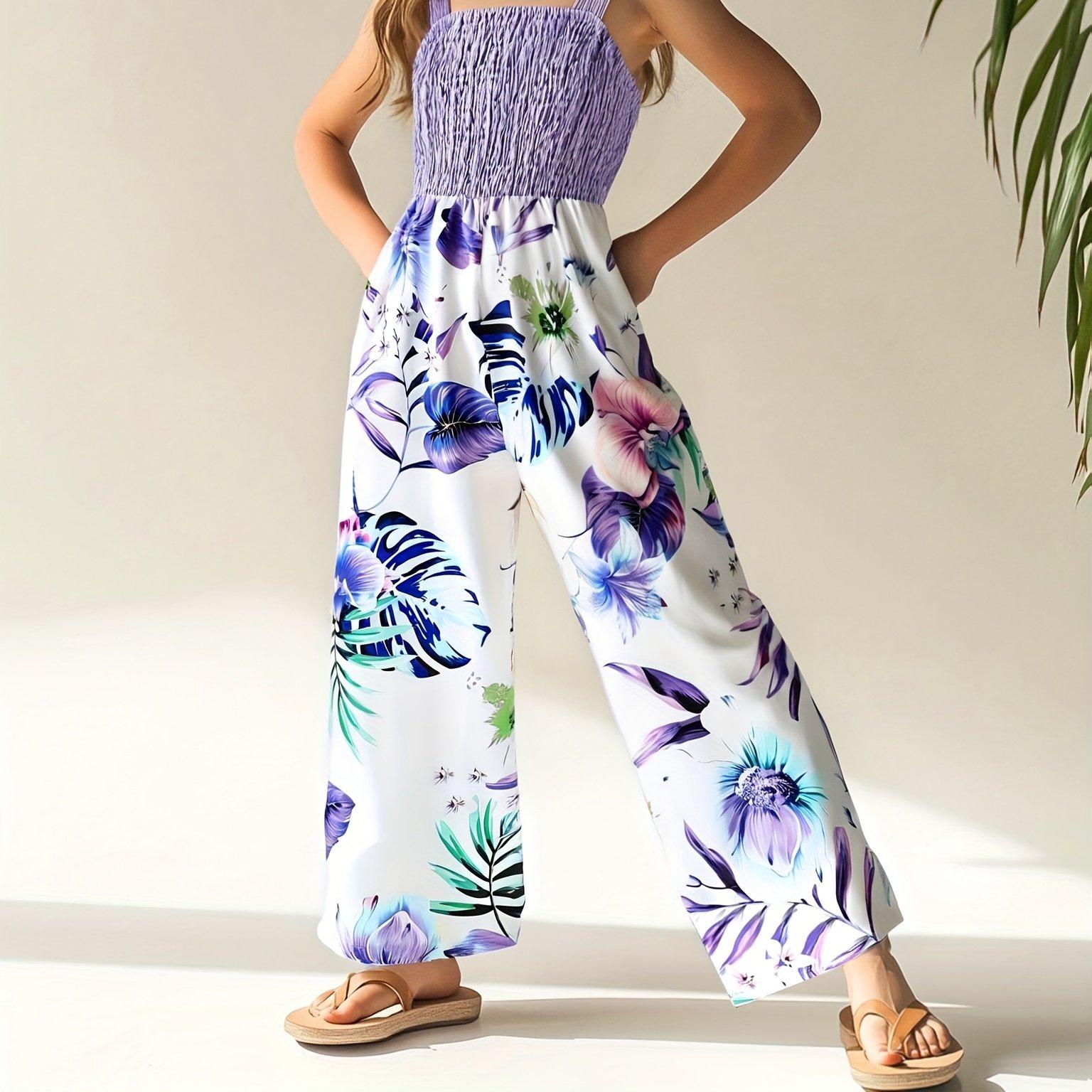 TEMU 's Fashionable And Elegant High-waisted Drawstring Wide-leg Jumpsuit For Girls, Outdoor