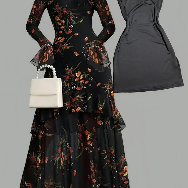 TEMU Damen 2-teiliges Gothic-Sommerkleid aus weichem Mesh mit Patchwork-Druck im Vintage-Blütenblatt-Stil, zweilagiges Kleid mit Fischschwanzsaum ausgestellten Fledermausärmeln "Niannian"