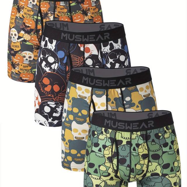 TEMU 4-pack Muswear Men's Boxer Briefs, Halloween Skull Print, Moisture-wicking, Quick-dry, Side-opening, Long Length, Stretch Polyester With Spandex, Casual Sportswear Underwear