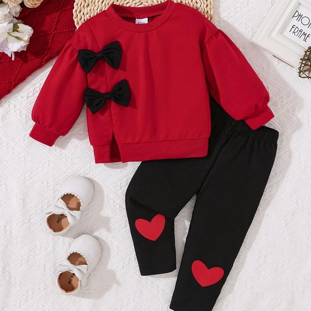 TEMU 2pcs Girls' Autumn/winter Bow Sweatshirt And Black Pants Set, Perfect For Outdoor