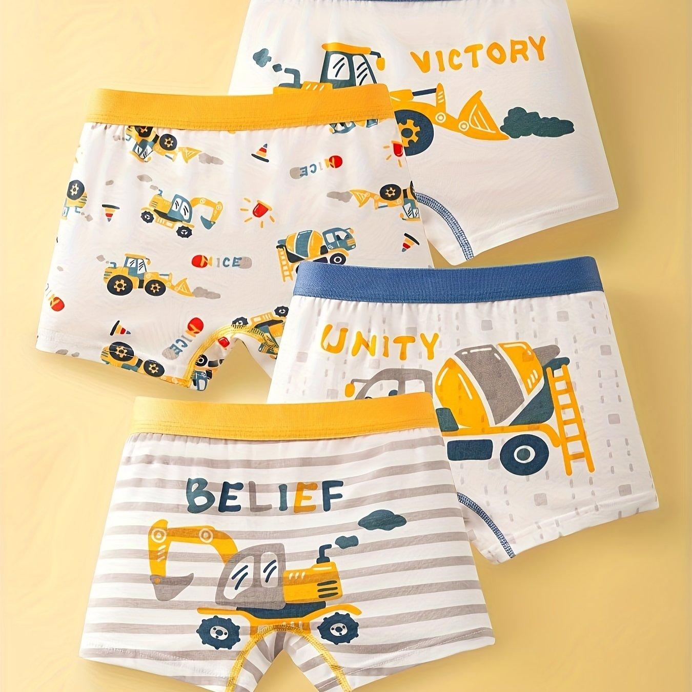 TEMU 4-pack Boys' Boxer Briefs With Cartoon Excavator, Construction Vehicle, And Animal Patterns