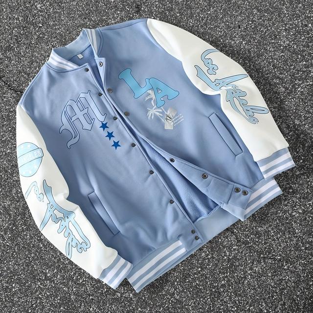 TEMU Giacca da baseball da e di tendenza con stampa a lettere, chiusura a a pressione, tasche, giacca patchwork, /inverno