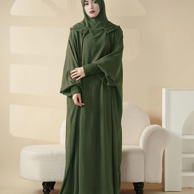 TEMU عباية نسائية بأكمام واسعة وأشرطة قابلة للشد، بتصميم بات وينج وفرينج، ملابس إسلامية للصلاة والارتداء اليومي