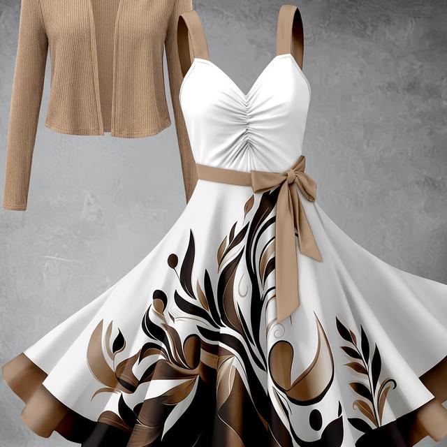 TEMU A 2pcs Set Of Women's Fashion Solid-color Brushed Cardigan And Printed Dress, Retro And Elegant