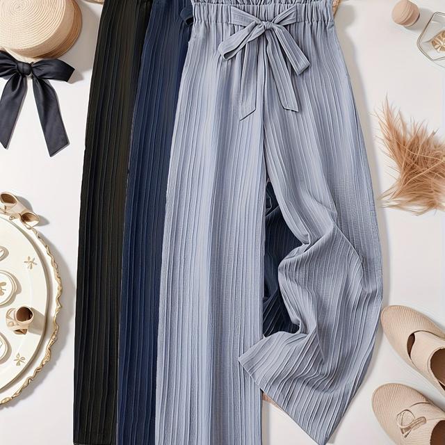 TEMU Plus Size, Three-pack Women's Plus Size Striped Textured Elegant Wide-leg Pants With Tie Decoration