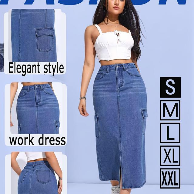 TEMU 2026ss Latest Hot-selling Spring Summer Autumn Slit Skirt With Large Pockets, High-waisted Casual Elegant Versatile Stretch Denim Skirt For Women