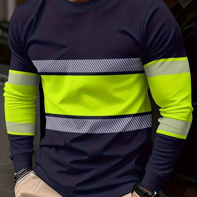 TEMU Men's Casual Long Sleeve T-shirt, 3d Print - Neon Green And Black, Lightweight Breathable Fabric, Round Neck Short Sleeve Top, Machine Washable, Durable Outer Shirt, , Fabric