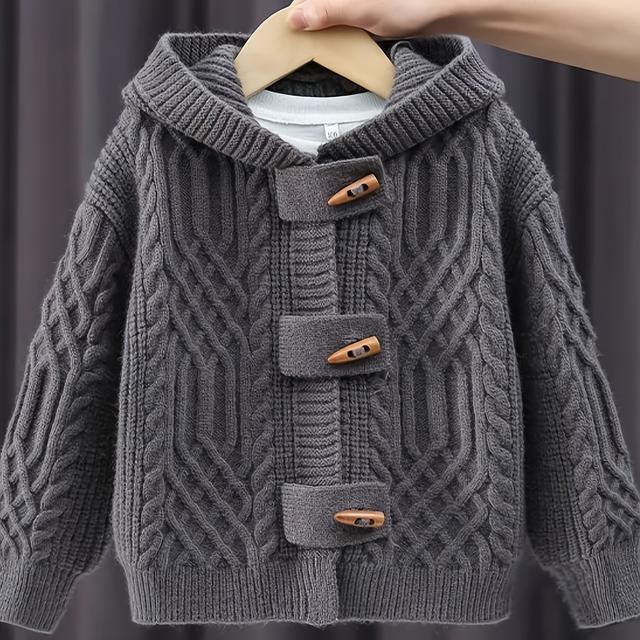 TEMU 2025 New Autumn Knit Cardigan For Boys, Thickened Sweater, Versatile Hooded Coat For Boys, Christmas
