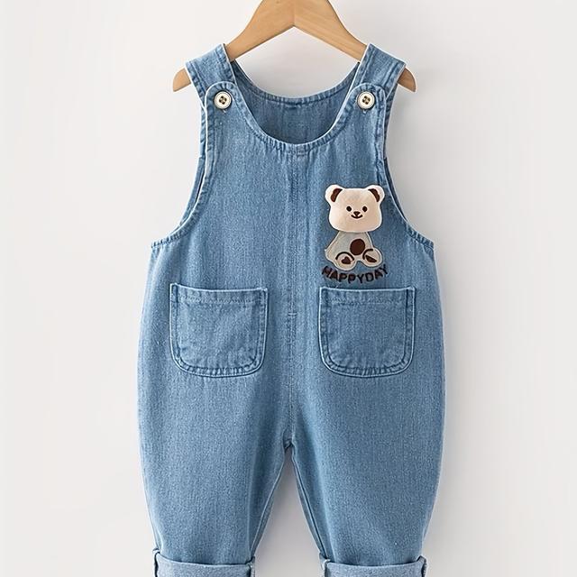 TEMU 1-3 Years - Cute Bear Pocket & Teddy Bear Button Loose-fit Denim Overalls, Durable Non-stretch Kids Casual Pants For (hand Washable), Perfect For Outdoor