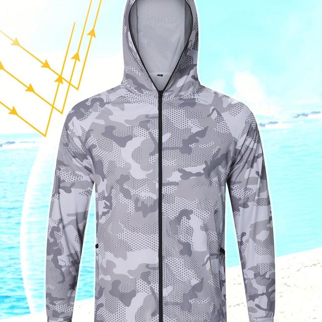 TEMU Men's Outdoor Fishing Sun Protection Shirt, Sea Fishing Camouflage Hooded Zip-up With Side Pockets, Breathable Fabric Suitable For Hiking Running Cycling Camping Beach Fishing Travel Top