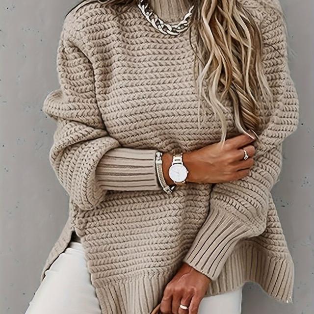 TEMU Elegant Women's Waffle Long Sleeve Pullover Sweater With A Half-high Collar, Shorter In The Front And In The Back, Featuring Side Slits.