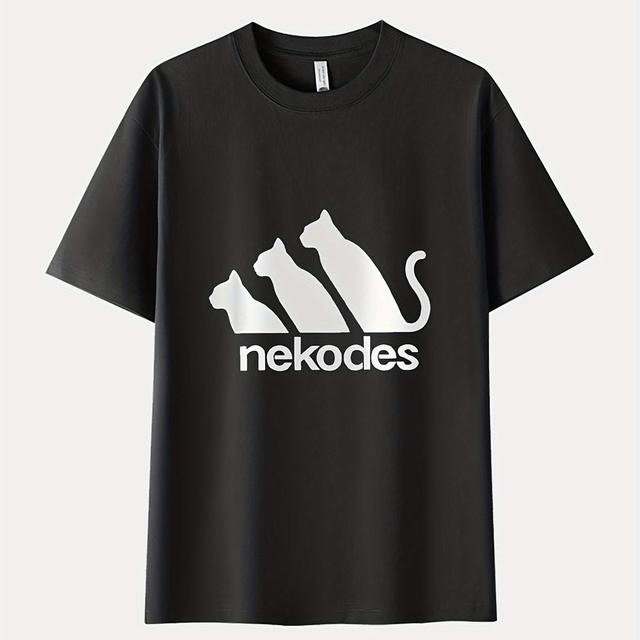 TEMU メンズ 100％コットンTシャツ、遊び心のある猫グラフィック＆NEKODESプリント付き - 柔らかく通気性があり、レギュラーフィット半袖カジュアル万能ティー、プラスサイズ