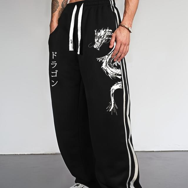 TEMU Men's Casual Print Joggers With Pockets - Polyester, Japanese-, Drawstring Waist, Side Stripe, Comfortable For Casual Attir