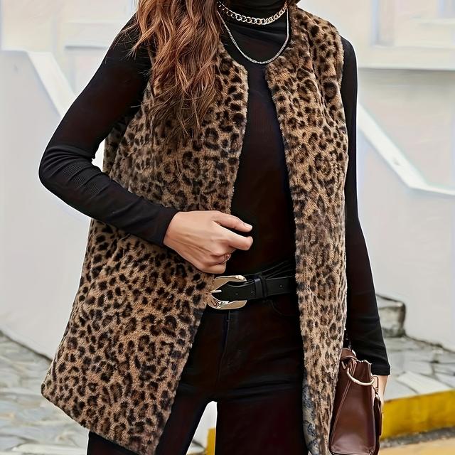 TEMU Plus Size Leopard Print Vest J506 - Elegant Round Neck Mid-length Sleeveless Top, 100% Polyester Machine Washable For Casual & Formal Outfits