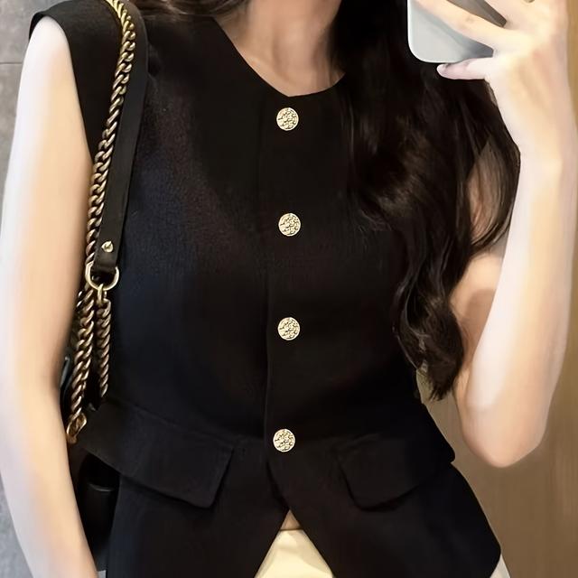 TEMU 2025新作スタイル ブラック半袖夏用薄手アウター シングルウェア ファッション 多機能小金ボタン スリットノースリーブ ニッチトップベスト