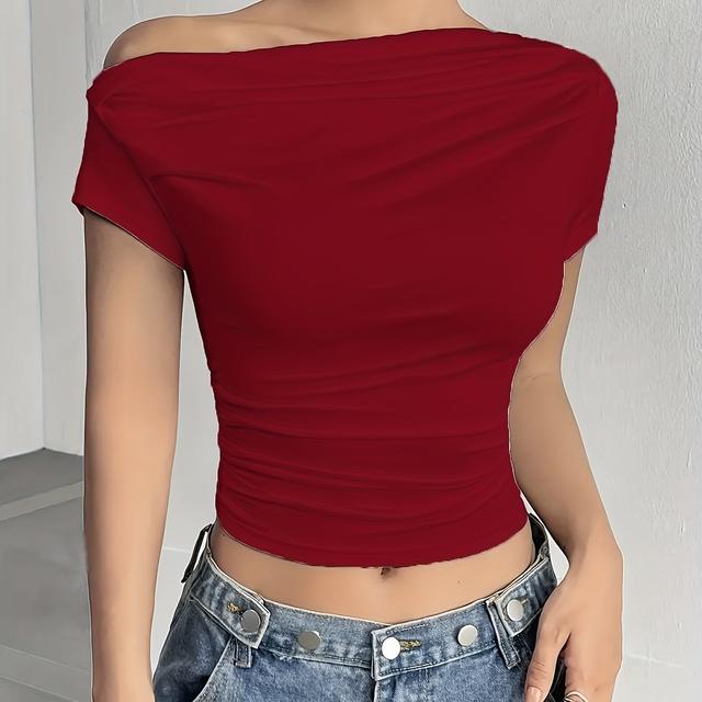 TEMU Elegant Off-shoulder Knit T-shirt For Women - Summer 2025, Asymmetrical Hem, Solid Color, Short Sleeve, Maroon, Slim Fit, , Short Sleeve Top | Asymmetrical Hem Top | Maroon Color Shir