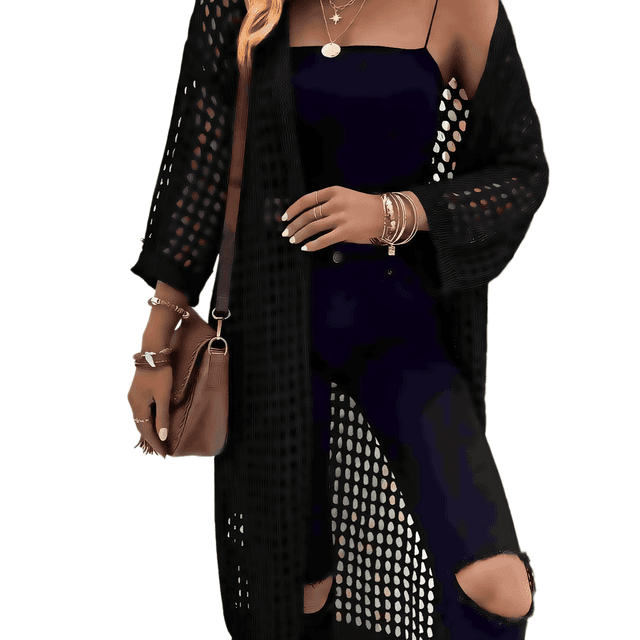 TEMU Plus Size, European And Hollow Cardigan, Trendy Vacation Swimwear Cover-up Top