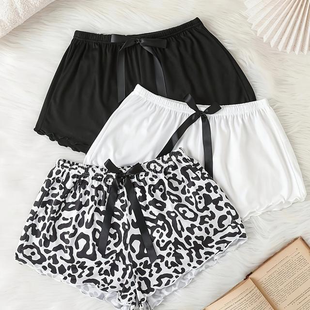 TEMU Women's Comfortable Casual Shorts Set, Bow Belt Detail, Black And White Minimalist Print, Loose Fit With Elastic Waistband, , Machine Washable