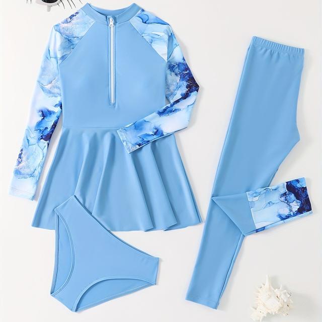 TEMU -piece Set: Long-sleeved Dress, Sun-protective Pants, And Matching Panties For Medium To Large Girls' Swimwear