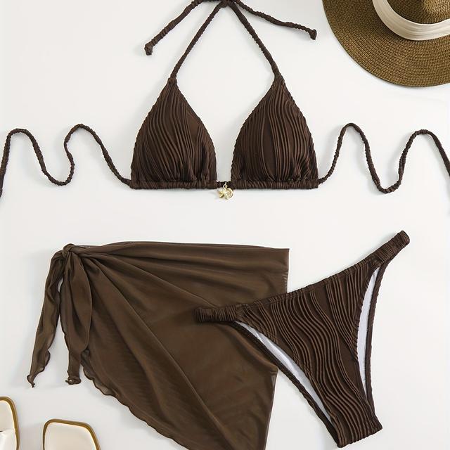 TEMU Nowy Prosty Jednokolorowy Seksowny Bikini z Wisiorkiem - Letni Kostium Modny dla Kobiet Ochrona Przed Słońcem