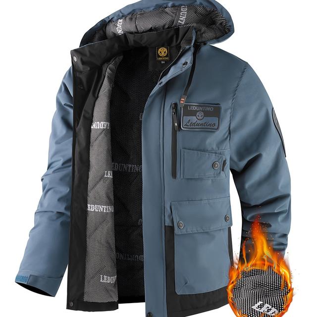 TEMU Men's Fashion New Fleece-lined Jacket With Multiple Pockets, Detachable Hood Outdoor Coat For Autumn And Winter