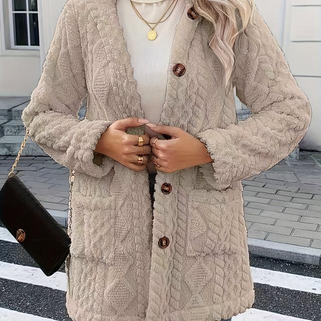 TEMU 2025 Autumn And Winter Women' Color Geometric Texture, Fiber, Elegant Women's Hooded Coat, Teddy Bear Plush Jacket, Detailed Buttons, Has Pockets