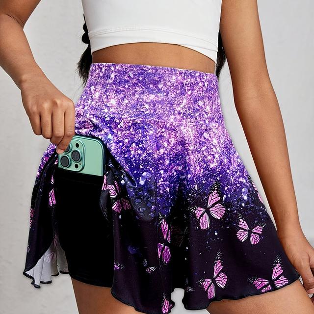 TEMU Cool Girl -waisted Skort With Gradient Glitter & Print, Stretchy Casual Ribbed Fabric, Phone Pocket, Black & Purple Design, Running Or Leisure Activities, Skirt