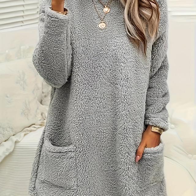 TEMU Women's Cozy Fleece Pullover Sweatshirt - Long Sleeve, Crew Neck, Solid Color, With Front Pocket, Fall & Winter, Casual Wear|cozy Fleece Sweatshirt|front Pocket Detail