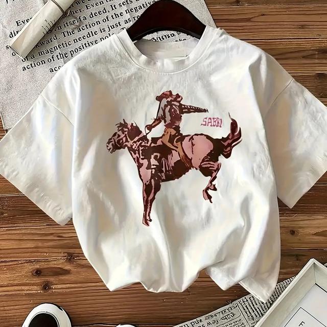 TEMU Casual Round Neck T-shirt With Printed "" Horse Pattern- Short Sleeve, Round Neck, Suitable For All , Casual Wear| Pattern T-shirt| Comfortable Cut
