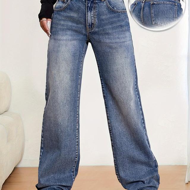 TEMU Elastic Waistband, Fashionable And Versatile Vintage High-waisted Loose-fit Wide-leg Women's Washed Denim Trousers