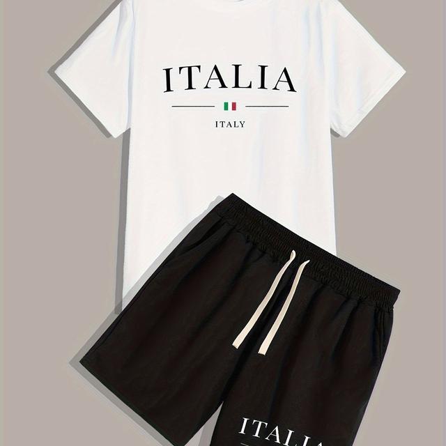 TEMU ชุดสองชิ้นสำหรับผู้ชายพิมพ์ตัวอักษร ITALIA, เสื้อยืดแขนสั้นฤดูร้อนและกางเกงขาสั้นดรอว์สตริง, เสื้อผ้าสบายๆสำหรับใส่ในชีวิตประจำวันและกิจกรรมกีฬากลางแจ้ง