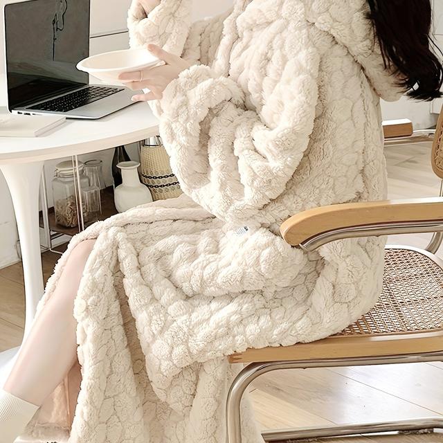 TEMU Casual Solid Fleece Jacquard Lounge Robe, Thickened Long Sleeve Button Up Hooded Loose Fit Robe With Pockets, Women's Loungewear