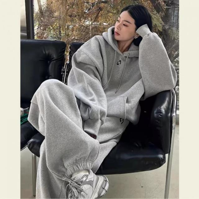 TEMU 【大きいサイズ】新作秋冬 レディース オーバーサイズ ズボラスタイル セットアップ フード付きスウェットシャツとルーズフィットのツーピースセットアップ