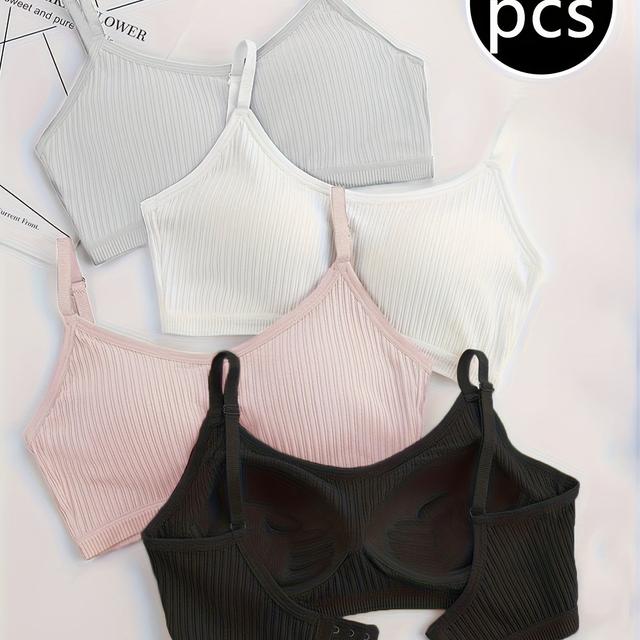 TEMU 4pcs Women's Viscose Rayon Underwear Bras, Striped And Solid Colors, Comfortable And Simple With Adjustable Straps, Breathable 1pc Padded Bras For Sports And Yoga