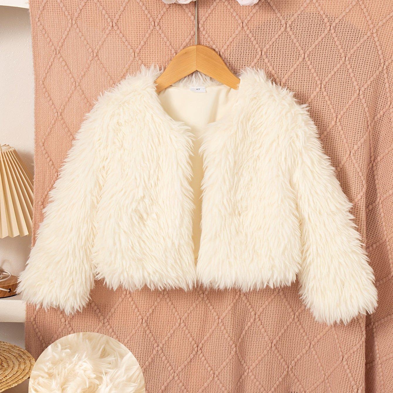 TEMU Girls' Casual Solid Color Round Neck Long Sleeve Warm Fleece Jacket For Autumn And Winter