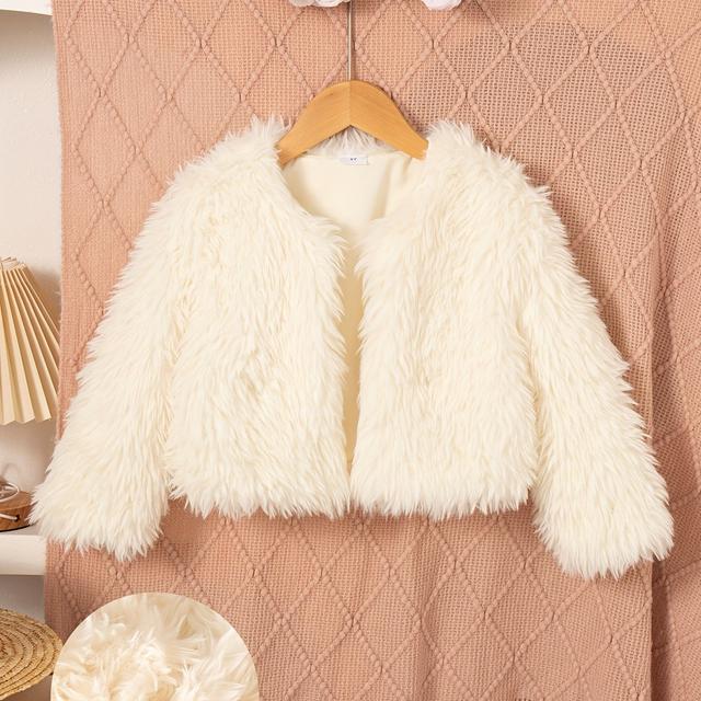 TEMU Girls' Casual Solid Color Round Neck Long Sleeve Warm Fleece Jacket For Autumn And Winter